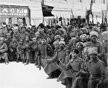 simsearch:846-02796436,k - 1900s 1917 SIBERIAN RIFLES AND COSSACKS TROOPS WITH SIGNS DOWN WITH MONARCHY ON WAY TO DUMA IN PETROGRAD ST. PETERSBURG RUSSIA Stock Photo - Rights-Managed, Code: 846-09085291
