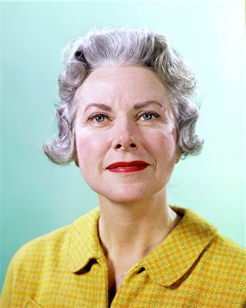 senior woman caucasian beautiful hair - 1960s PORTRAIT MIDDLE AGED WOMAN GRAY HAIR GOLD CHECKED TOP PLEASANT SMILE EXPRESSION LOOKING AT CAMERA Stock Photo - Rights-Managed, Code: 846-09085350