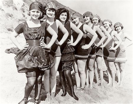 1920s GROUP OF SMILING WOMEN WEARING ONE PIECE BATHING SUITS AND CAPS POSING LINED UP ON BEACH LOOKING AT CAMERA Stock Photo - Rights-Managed, Code: 846-09161395