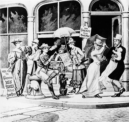 simsearch:846-02796457,k - 1800s ANTI-SUFFRAGE CARTOON SHOWING WOMEN RUNNING FOR OFFICE WEARING PANTS BOOTS SMOKING CIGARETTE ATTACKING MAN HOLDING BABY Stock Photo - Rights-Managed, Code: 846-09181522