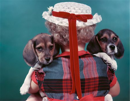 CLOSE-UP REARVIEW OF LITTLE GIRL WITH STRAW HAT HOLDING TWO BEAGLE PUPPIES 1950s STUDIO Stock Photo - Rights-Managed, Code: 846-02794190