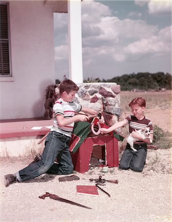 1950s 2 BOYS IN BACKYARD BUILDING DOG HOUSE FOR PUPPY CARPENTER TOOLS PUTTING HORSESHOE ABOVE THE DOOR Stock Photo - Rights-Managed, Code: 846-02794192