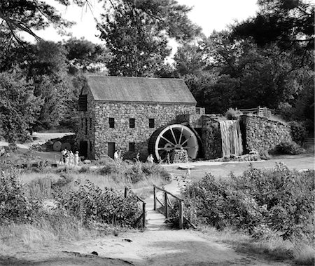 RUSTIC GRIST MILL WITH STONE STRUCTURE & WATERFALL SUDBURY MASS. Stock Photo - Rights-Managed, Code: 846-02795366