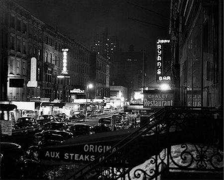 simsearch:846-02797719,k - 1930s 1940s NIGHT STREET SCENE NEW YORK CITY WEST 52nd STREET LIGHTS FROM NUMEROUS CLUBS AND NIGHTCLUBS Stock Photo - Rights-Managed, Code: 846-02796378