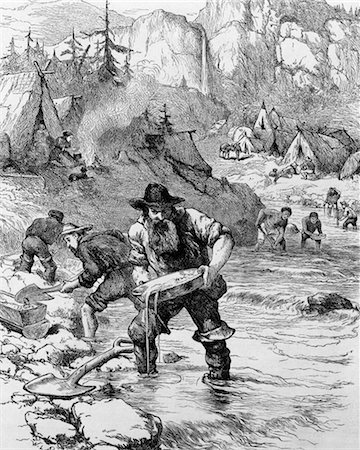 DRAWING 1849 GOLD RUSH CAMP IN CALIFORNIA BEARDED MAN PROSPECTOR PANNING IN STREAM Foto de stock - Con derechos protegidos, Código: 846-02796426