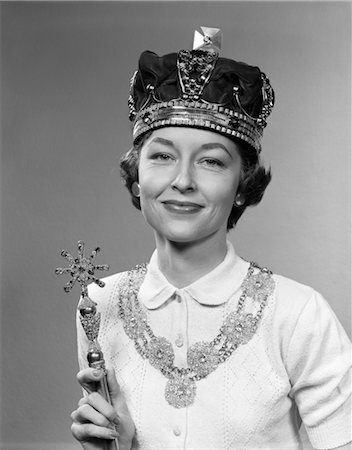 queens - 1950s WOMAN WEARING QUEEN'S CROWN HOLDING SCEPTER QUEEN FOR A DAY Stock Photo - Rights-Managed, Code: 846-02797367