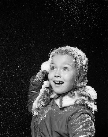 simsearch:846-02796436,k - 1950s GIRL WITH SNOW ON HAT AND HAIR SMILING MOUTH OPEN TEETH SHOWING SHOT IN STUDIO Stock Photo - Rights-Managed, Code: 846-02797840