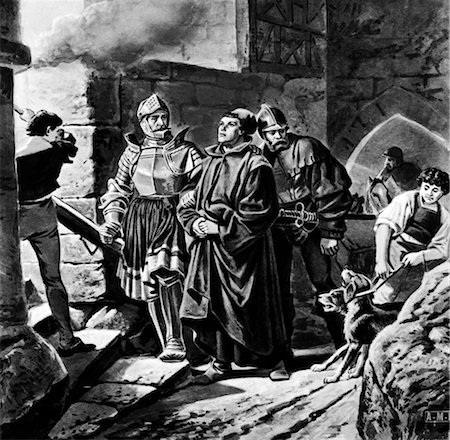 1500s MARTIN LUTHER GERMAN LEADER OF THE REFORMATION ARRIVING AT CASTLE WARTBURG LUTHERAN PROTESTANT CHURCH RELIGION Stock Photo - Rights-Managed, Code: 846-02791753