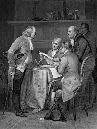 engraving - ENGRAVING OF FRANKLIN JEFFERSON ADAMS LIVINGSTON & SHERMAN GATHERED AROUND TABLE DRAFTING DECLARATION OF INDEPENDENCE Stock Photo - Rights-Managed, Code: 846-02791780