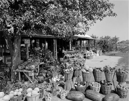 FARMER'S MARKET WITH BUSHEL BASKETS OF FRUITS & VEGETABLES IN FOREGROUND Foto de stock - Con derechos protegidos, Código: 846-02792885