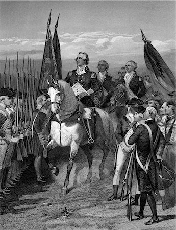 ENGRAVING OF GEORGE WASHINGTON ON HORSEBACK TAKING COMMAND OF CONTINENTAL ARMY Stock Photo - Rights-Managed, Code: 846-02793289