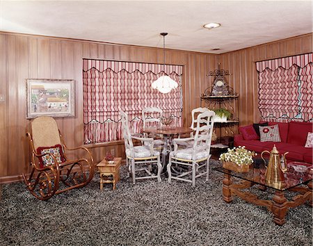 shag carpet - 1960s 1970s LIVING ROOM INTERIOR SHAG WALL TO WALL CARPET BENTWOOD ROCKER RED STRIPE ROMAN SHADES Stock Photo - Rights-Managed, Code: 846-03164706