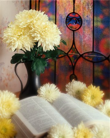 simsearch:846-03165636,k - YELLOW FLOWERS OPEN BIBLE STAINED GLASS WINDOW Stock Photo - Rights-Managed, Code: 846-03165635