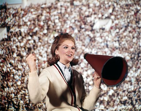 retro sport girl - 1960s WOMAN GIRL CHEERLEADER CHEERING RED MEGAPHONE SWEATER CROWD Stock Photo - Rights-Managed, Code: 846-03165973