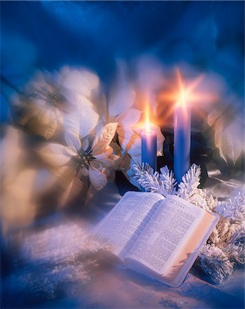 CHRISTMAS STILL LIFE OPEN BIBLE WHITE POINSETTIAS CANDLES BLUE FILTER VIGNETTE Stock Photo - Rights-Managed, Code: 846-03166194