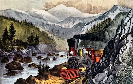 railway retro - 1800s THE ROUTE TO CALIFORNIA TRUCKEE RIVER SIERRA-NEVADA CURRIER & IVES PRINT - 1871 Stock Photo - Rights-Managed, Code: 846-03163653