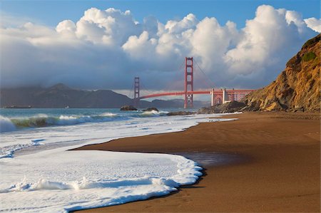 suspension bridge san francisco - The Golden Gate Bridge, linking the city of San Francisco with Marin County, taken from Baker Beach, San Francisco, California, United States of America, North America Stock Photo - Rights-Managed, Code: 841-05782421