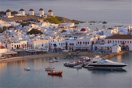 Five windmills (Kato Mili), old harbour, Mykonos town, Chora, Mykonos Island, Cyclades, Greek Islands, Greece, Europe Stock Photo - Rights-Managed, Code: 841-05796755