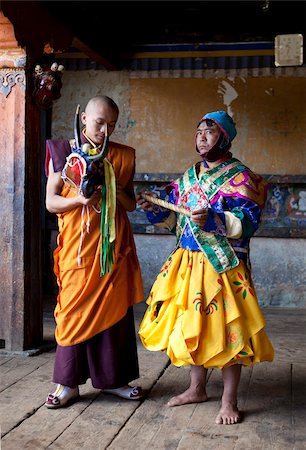 simsearch:841-05845843,k - Buddhist monk in colourful costume waiting to take part in traditional dance at the Tamshing Phala Choepa Tsechu, near Jakar, Bumthang, Bhutan, Asia Stock Photo - Rights-Managed, Code: 841-05845850