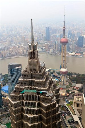 High view of Jinmao (Jin Mao) Tower and Oriental Pearl Tower, Shanghai, China, Asia Stock Photo - Rights-Managed, Code: 841-05846839