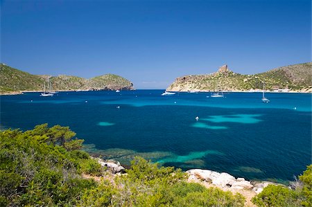 View across bay to the castle, Cabrera Island, Cabrera Archipelago National Park, Mallorca, Balearic Islands, Spain, Mediterranean, Europe Stock Photo - Rights-Managed, Code: 841-05959871