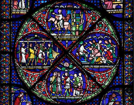 Medieval stained glass depicting the Cure of Eilward of Westoning, Becket Miracle Window 5, Trinity Chapel Ambulatory, Canterbury Cathedral, UNESCO World Heritage Site, Canterbury, Kent, England, United Kingdom, Europe Stock Photo - Rights-Managed, Code: 841-06344319