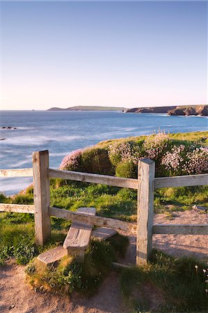 sea uk - Wooden stile on Cornish clifftops near Porthcothan Bay with views to Trevose Head, Cornwall, England, United Kingdom, Europe Stock Photo - Rights-Managed, Code: 841-06343520