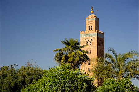 simsearch:841-07083294,k - The minaret of the Koutoubia Mosque surrounded by palm trees in Marrakech, Morocco, North Africa, Africa Stock Photo - Rights-Managed, Code: 841-06445508
