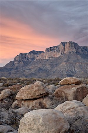 desert rock landscape - Guadalupe Peak and El Capitan at sunset, Guadalupe Mountains National Park, Texas, United States of America, North America Stock Photo - Rights-Managed, Code: 841-06446778