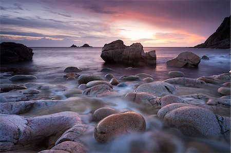 Sunset over the Brisons and Porth Nanven, a rocky cove near Land's End, Cornwall, England, United Kingdom, Europe Stock Photo - Rights-Managed, Code: 841-06447540
