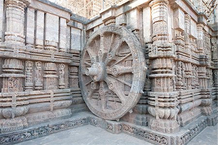 Carved chariot wheel on the wall of the 13th century Konarak Sun temple, built as the chariot of Surya the Sun god, UNESCO World Heritage Site, Konarak, Orissa, India, Asia Stock Photo - Rights-Managed, Code: 841-06447828