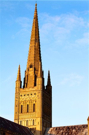 simsearch:841-03868215,k - Norwich Cathedral tower and spire at sunset, Norwich, Norfolk, England, United Kingdom, Europe Stock Photo - Rights-Managed, Code: 841-06449219