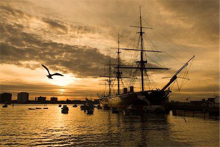 sunset and ship - Sunset over the Hard and HMS Warrior, Portsmouth, Hampshire, England, United Kingdom, Europe Stock Photo - Rights-Managed, Code: 841-06449346