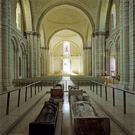 Nave of Abbey Church with effigies of Plantagenet monarchs, Fontevraud Abbey (Fontevraud-l'Abbaye), Loire Valley, Anjou, France, Europe Stock Photo - Rights-Managed, Code: 841-06449546