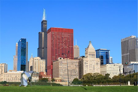 skyline chicago day - Tall buildings including the Willis Tower, formerly the Sears Tower from Grant Park, Chicago, Illinois, United States of America, North America Stock Photo - Rights-Managed, Code: 841-06502039