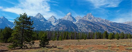 scenic and panoramic - Panoramic view of Cathedral Group from near Teton Glacier Turnout, Grand Teton National Park, Wyoming, United States of America, North America Stock Photo - Rights-Managed, Code: 841-06502743