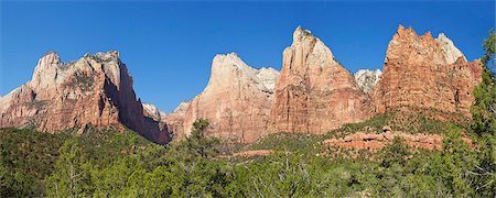 scenic and panoramic - Panoramic photo of Court of the Patriarchs, Abraham Peak, Isaac Peak, Mount Moroni and Jacob Peak, Zion National Park, Utah, United States of America, North America Stock Photo - Rights-Managed, Code: 841-06502791