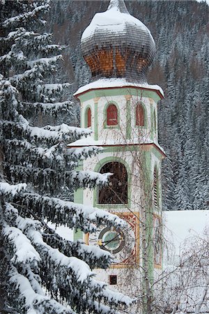 simsearch:841-07081444,k - The bell tower of the Church of San Casiano surrounded by snow covered trees, Dolomites, South Tyrol, Italy, Europe Stock Photo - Rights-Managed, Code: 841-07081446