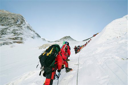 snow climbing - A line of climbers on the Lhotse Face, Mount Everest, Solu Khumbu Everest Region, Sagarmatha National Park, UNESCO World Heritage Site, Nepal, Himalayas, Asia Stock Photo - Rights-Managed, Code: 841-07082237