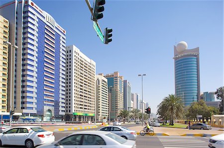 street and low angle - City skyline and Rashid Bin Saeed Al Maktoum Street, Abu Dhabi, United Arab Emirates, Middle East Stock Photo - Rights-Managed, Code: 841-07083990