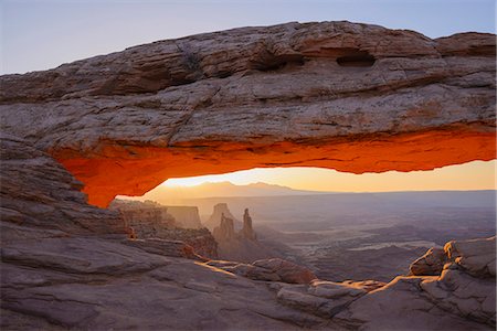 Mesa Arch at dawn looking towards Washerwoman Arch, Islands in the Sky section of Canyonlands National Park, Utah, United States of America, North America Stock Photo - Rights-Managed, Code: 841-07600158