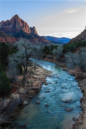 Sunset lights The Watchman, Virgin River overlook in winter, Zion National Park, Utah, United States of America, North America Stock Photo - Rights-Managed, Code: 841-07782000