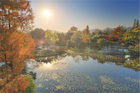 Elevated view of small pagoda in autumn in a wide park scene in Hangzhou, Zhejiang, China, Asia Stock Photo - Rights-Managed, Code: 841-07782070