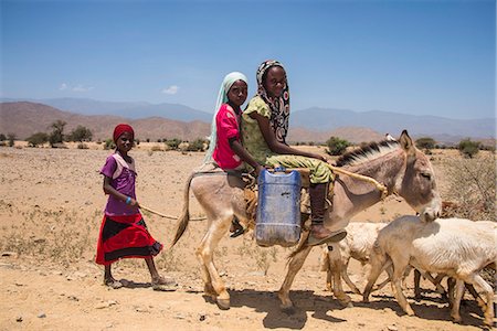 riding girl - Children riding on a donkey to a waterhole in the lowlands of Eritrea, Africa Foto de stock - Con derechos protegidos, Código: 841-07782909