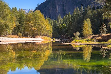 fall trees lake - Colourful autumn trees flank the River Merced in Yosemite Valley, UNESCO World Heritage Site, California, United States of America, North America Stock Photo - Rights-Managed, Code: 841-08102007