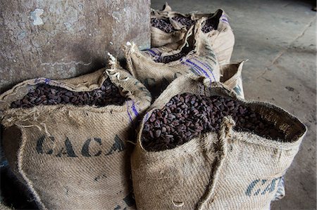 sack - Bags full of cocoa beans, Cocoa plantation Roca Aguaize, East coast of Sao Tome, Sao Tome and Principe, Atlantic Ocean, Africa Stock Photo - Rights-Managed, Code: 841-08102141
