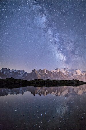 A sharp Milky Way on a starry night at Lac des Cheserys with Mont Blanc, Europe's highest peak, to the right, Haute Savoie, French Alps, France, Europe Stock Photo - Rights-Managed, Code: 841-08211517