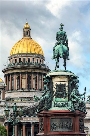 european landmarks - Golden dome of St. Isaac's Cathedral built in 1818 and the equestrian statue of Tsar Nicholas dated 1859, St. Petersburg, Russia, Europe Stock Photo - Rights-Managed, Code: 841-08211694
