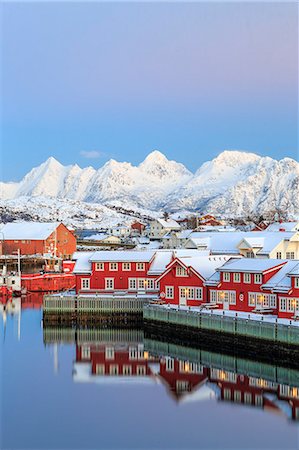 simsearch:841-08244166,k - Pink sunset over the typical red houses reflected in the sea, Svolvaer, Lofoten Islands, Arctic, Norway, Scandinavia, Europe Stock Photo - Rights-Managed, Code: 841-08243982