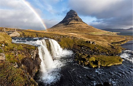 View of Kirkjufell (Church Mountain), mountain stream and rainbow, Grundafjordur, Snaefellsnes Peninsula, Iceland, Polar Regions Stock Photo - Rights-Managed, Code: 841-09077034